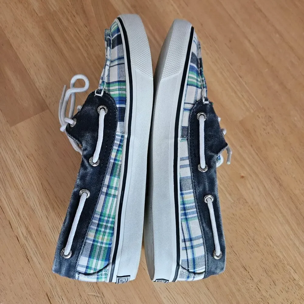 Sperry Top Sider Blue Green Plaid Boat Shoes sz 7.5M